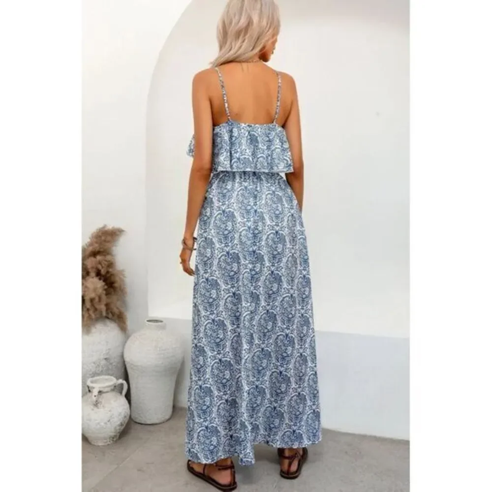 Cupshe Boho‎ Paisley Blue white Reffle Overlay Maxi Dress Size Small
